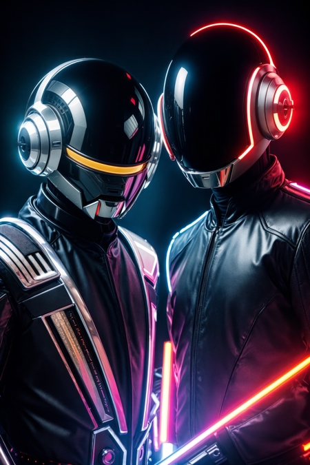 09137-2332794726-3035-RAW, Daft Punk, the iconic electronic music duo, wearing their signature robot helmets and futuristic outfits. The setting is a-topaz-enhance-2x.jpg